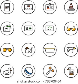 line vector icon set - coffee machine vector, credit card, identity, road cone, exchange, sunglasses, bucket scoop, basin, drill, duck toy, ball, hammer