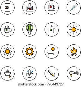 line vector icon set - coffee machine vector, fireplace, tea, thermometer, hot, air balloon, green, sun, lounger, fire, grill, casting of steel, soldering iron, dryer