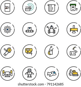 line vector icon set - coffee machine vector, mri, atm, gear, conveyor, robot, milling cutter, Angular grinder, jig saw, winch, welding, sharpening, plane toy, excavator
