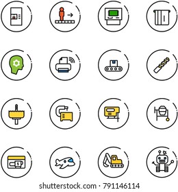 line vector icon set - coffee machine vector, travolator, atm, brain work, printer wireless, conveyor, drill, crown, tool, jig saw, cocncrete mixer, generator, plane toy, excavator, robot