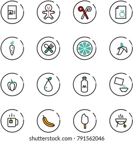 line vector icon set - coffee machine vector, cake man, santa stick, diet list, carrot, fork spoon plate, lemon slice, banana, sweet pepper, pear, milk, cereal, green tea, ice cream, grill