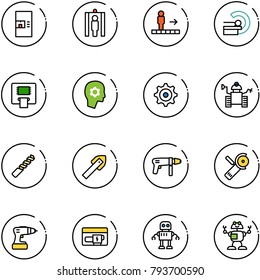 line vector icon set - coffee machine vector, metal detector gate, travolator, mri, atm, brain work, gear, robot, drill, tile, Angular grinder, generator