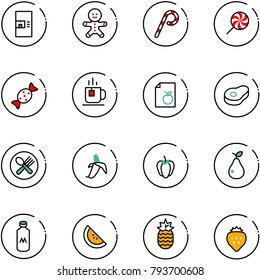 line vector icon set - coffee machine vector, cake man, lollipop, candy, tea, diet list, meat, fork spoon plate, banana, sweet pepper, pear, milk, watermelone, pineapple, strawberry