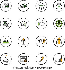 line vector icon set - coin vector, dollar, money rain, bag, account history, graduate hat, like, target, attainment, award, career, arrows up, mountain, certificate, growth, chart