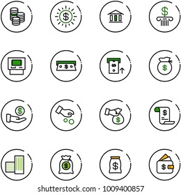line vector icon set - coin vector, dollar sun, bank, atm, cash, money bag, investment, encashment, account history, building, finance management