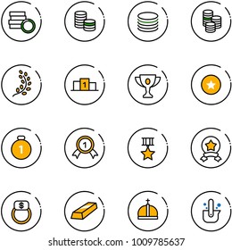 line vector icon set - coin vector, golden branch, pedestal, gold cup, star medal, finger ring, crown, casting of steel