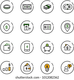 line vector icon set - coin vector, dollar, euro, safe, atm, finance calendar, pin, wallet, mobile payment, piggy bank, home, chart, management, business idea, money dialog