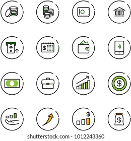 line vector icon set - coin vector, safe, bank, atm, finance calendar, wallet, mobile payment, money, portfolio, growth, dollar, chart, bag