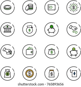 line vector icon set - coin vector, safe, dollar sun, bank, money bag, piggy, investment, card pay, wallet, purse, power