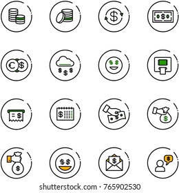 line vector icon set - coin vector, dollar exchange, euro, money rain, smile, atm, receipt, finance calendar, cash pay, encashment, rich, mail, dialog