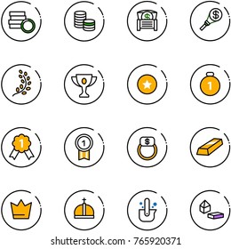 line vector icon set - coin vector, money chest, torch, golden branch, gold cup, star medal, finger ring, crown, casting of steel, constructor blocks