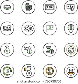 line vector icon set - coin vector, dollar, cash, euro, flag, pin, money bag, encashment, account history, reload, rich, smile