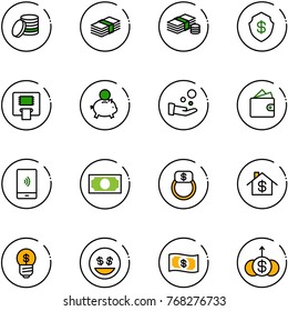 line vector icon set - coin vector, dollar, cash, safe, atm, piggy bank, pay, wallet, mobile payment, money, finger ring, home, business idea, smile, growth