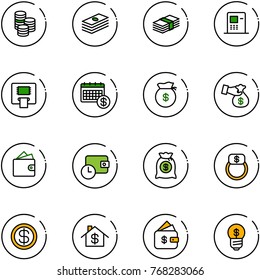 line vector icon set - coin vector, dollar, atm, calendar, money bag, encashment, wallet, time, finger ring, home, finance management, business idea