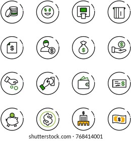 line vector icon set - coin vector, dollar smile, atm, account statement, money bag, investment, cash pay, wallet, check, piggy bank, building