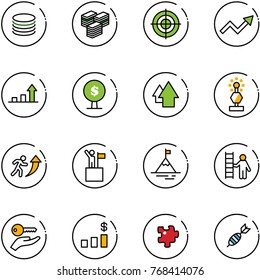 line vector icon set - coin vector, big cash, target, growth arrow, money tree, up, award, career, win, mountain, opportunity, key hand, dollar chart, puzzle, dart