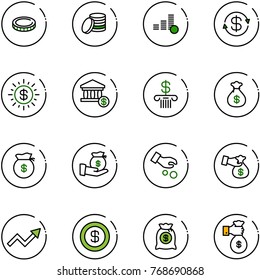 line vector icon set - coin vector, dollar exchange, sun, account, bank, money bag, investment, encashment, growth arrow, rich