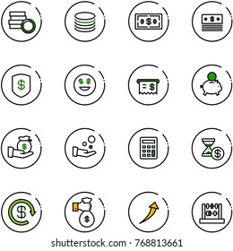 line vector icon set - coin vector, dollar, safe, smile, receipt, piggy bank, investment, cash pay, calculator, account history, reload, rich, growth, abacus
