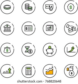 line vector icon set - coin vector, cash, safe, bank, finance calendar, statistics report, pay, purse, account history, piggy, growth arrow, calculator, rich