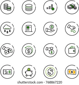 line vector icon set - coin vector, cash, money rain, atm, investment, pay, back, encashment, wallet, check, piggy bank, dollar