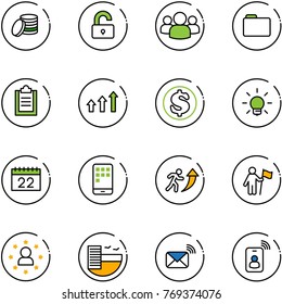 line vector icon set - coin vector, unlocked, group, folder, clipboard, arrows up, dollar, bulb, calendar, mobile, career, win, star man, hotel, wireless mail, identity card