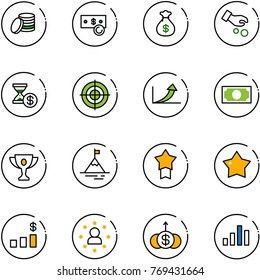 line vector icon set - coin vector, cash, money bag, investment, account history, target, growth arrow, gold cup, mountain, star medal, dollar chart, man