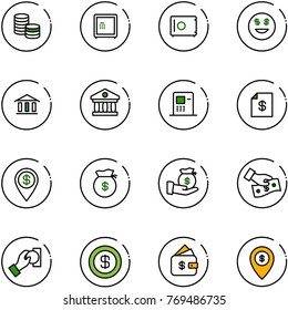 line vector icon set - coin vector, safe, dollar smile, bank, atm, account statement, pin, money bag, investment, cash pay, finance management, map