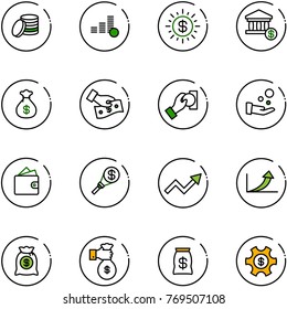 line vector icon set - coin vector, dollar sun, account, money bag, cash pay, wallet, torch, growth arrow, rich, managemet