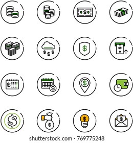 line vector icon set - coin vector, dollar, big cash, money rain, safe, atm, finance calendar, pin, wallet time, rich, business idea, mail