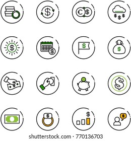line vector icon set - coin vector, dollar exchange, euro, money rain, sun, calendar, flag, bag, cash pay, piggy bank, finger ring, chart, dialog