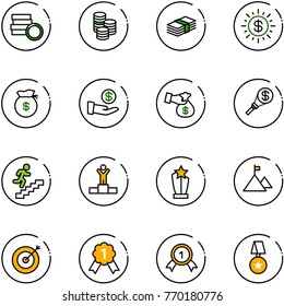 line vector icon set - coin vector, dollar, sun, money bag, investment, encashment, torch, career, winner, award, mountain, target, gold medal, star