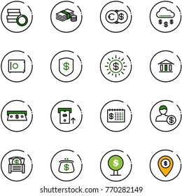 line vector icon set - coin vector, cash, euro dollar, money rain, safe, sun, bank, atm, finance calendar, account, chest, purse, tree, map pin