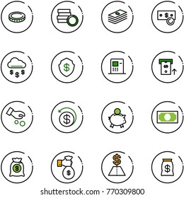 line vector icon set - coin vector, dollar, cash, money rain, safe, atm, investment, back, piggy bank, bag, rich