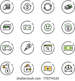 line vector icon set - coin vector, dollar exchange, credit card, tap pay, smile, money back, encashment car, torch, cursor browser, rich, finance management, mail