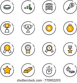 line vector icon set - coin vector, money chest, torch, win cup, gold, star medal, casting of steel, constructor blocks