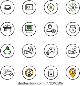 line vector icon set - coin vector, safe, dollar sun, bank, atm, account, money bag, piggy, investment, cash pay, encashment car, map pin