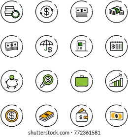 line vector icon set - coin vector, dollar exchange, cash, atm, finance calendar, piggy bank, search money, case, growth, management