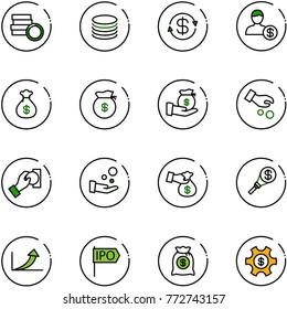 line vector icon set - coin vector, dollar exchange, account, money bag, investment, cash pay, encashment, torch, growth arrow, ipo, managemet