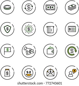 line vector icon set - coin vector, dollar exchange, safe, sun, atm, finance calendar, flag, cash pay, wallet, reload, money bag, smile, mail, dialog