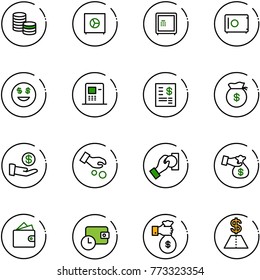 line vector icon set - coin vector, safe, dollar smile, atm, account statement, money bag, investment, cash pay, encashment, wallet, time, rich
