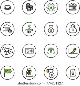 line vector icon set - coin vector, dollar sun, bank, account, money bag, cash pay, check, purse, growth arrow, ipo, rich