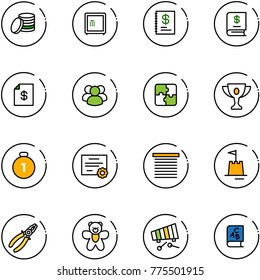 line vector icon set - coin vector, safe, annual report, account statement, group, puzzle, gold cup, medal, certificate, jalousie, sand castle, pliers, bear toy, xylophone, abc book