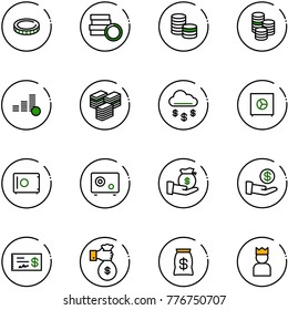 line vector icon set - coin vector, big cash, money rain, safe, investment, check, rich, bag, king