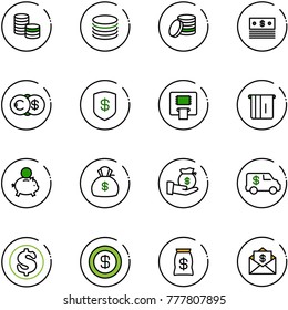 line vector icon set - coin vector, dollar, euro, safe, atm, piggy bank, money bag, investment, encashment car, mail
