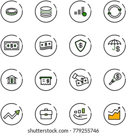 line vector icon set - coin vector, exchange, dollar, cash, safe, insurance, bank, receipt, pay, money torch, growth arrow, portfolio