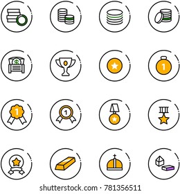 line vector icon set - coin vector, money chest, gold cup, star medal, crown, constructor blocks