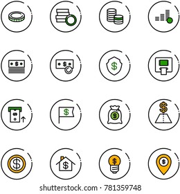 line vector icon set - coin vector, dollar, cash, safe, atm, flag, money bag, home, business idea, map pin