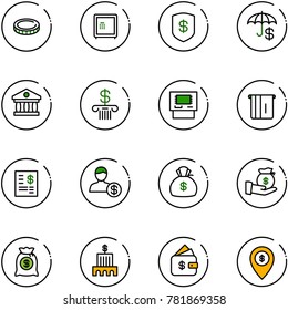 line vector icon set - coin vector, safe, insurance, bank, atm, account statement, money bag, investment, building, finance management, map pin