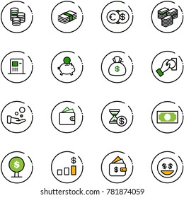 line vector icon set - coin vector, dollar, euro, big cash, atm, piggy bank, money bag, pay, wallet, account history, tree, chart, finance management, smile