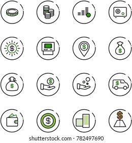 line vector icon set - coin vector, safe, dollar sun, atm, pin, money bag, investment, cash pay, encashment car, wallet, building